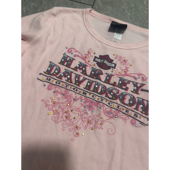 Harley Davidson Pink Thermal Long Sleeve Shirt Embellished Rhinestones Tucson AZ - Picture 2 of 7